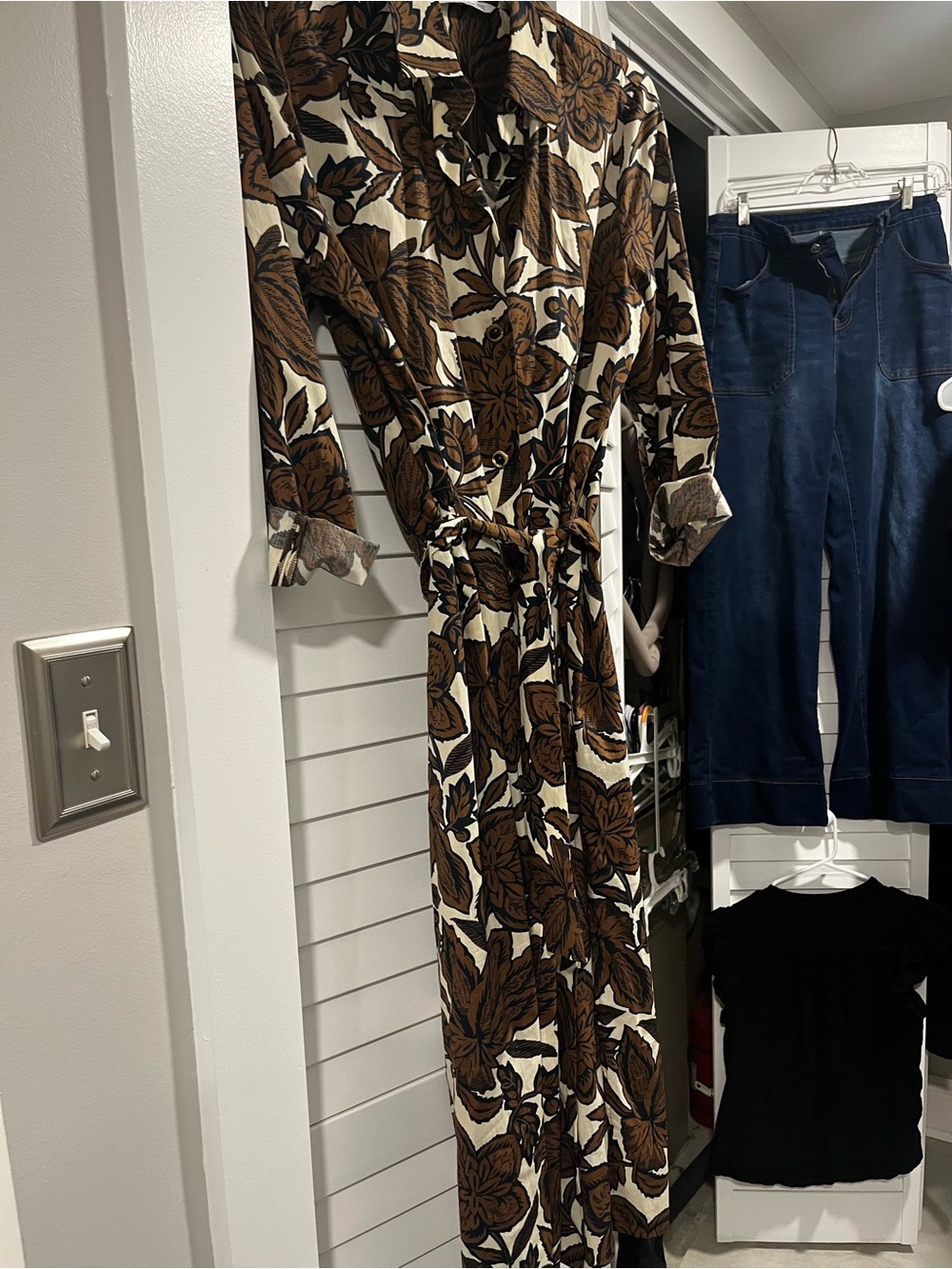 Zara Brown and Cream Floral Tie-Waist Midi Dress